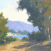 Carpinteria Bluff painting by Ann Sanders includes green and gold trees with glimpse of blue waters and muted purple mountains in background. (Courtesy photo)